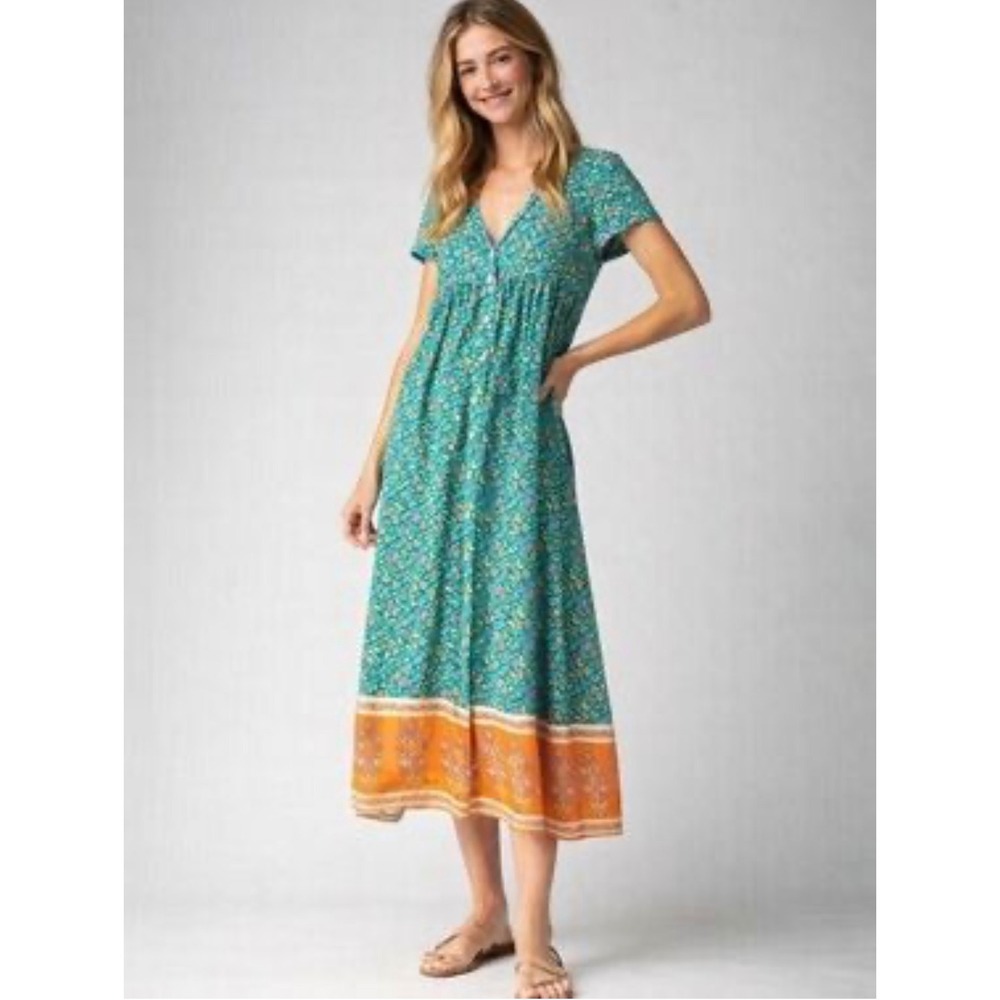 Natural Life Teal Floral Boho Midi Dress Orange Border Hem V-Neck Medium